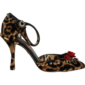 Dolce & Gabbana Brown Leopard Floral Crystal Ankle Strap Pumps Shoes
