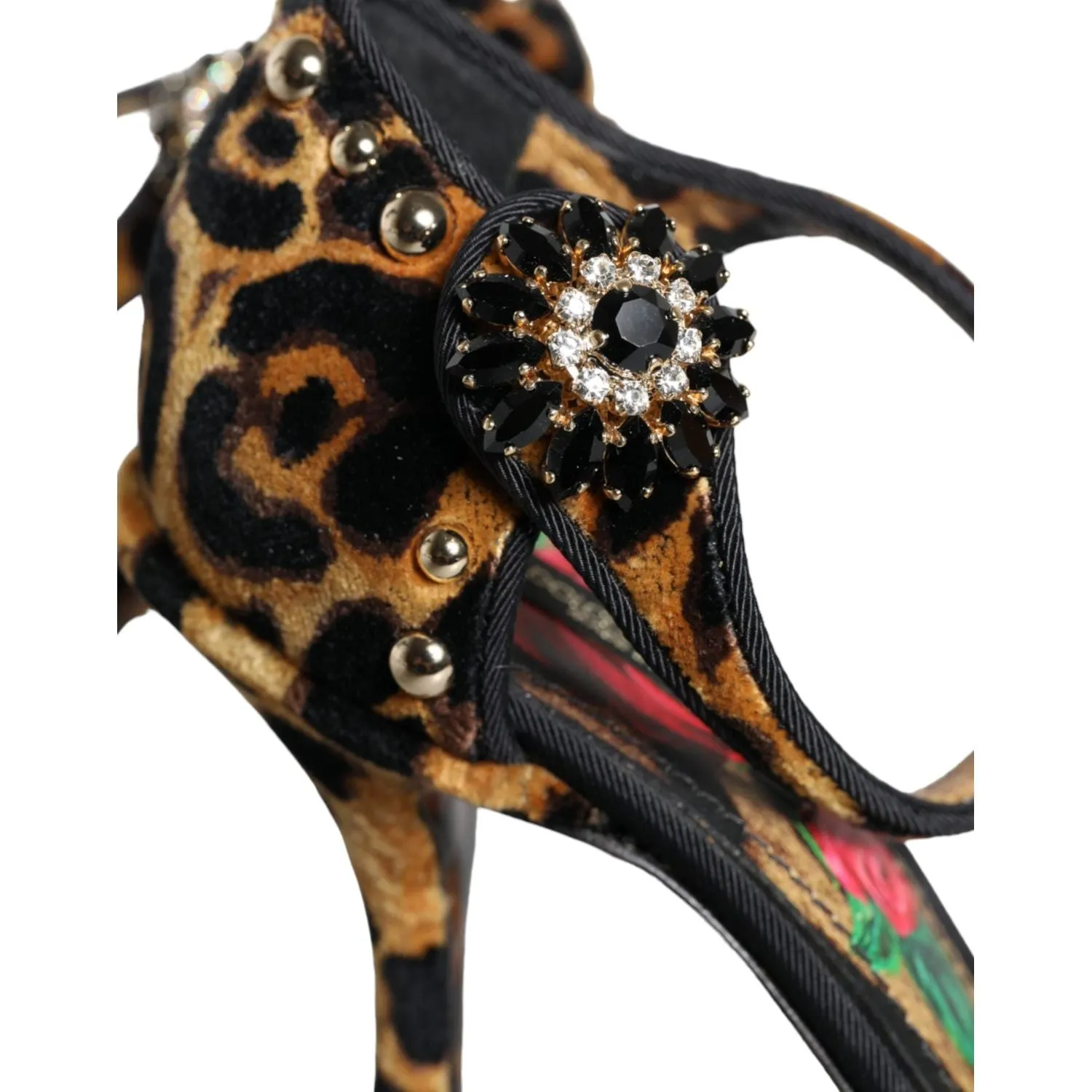 Dolce & Gabbana Brown Leopard Floral Crystal Ankle Strap Pumps Shoes