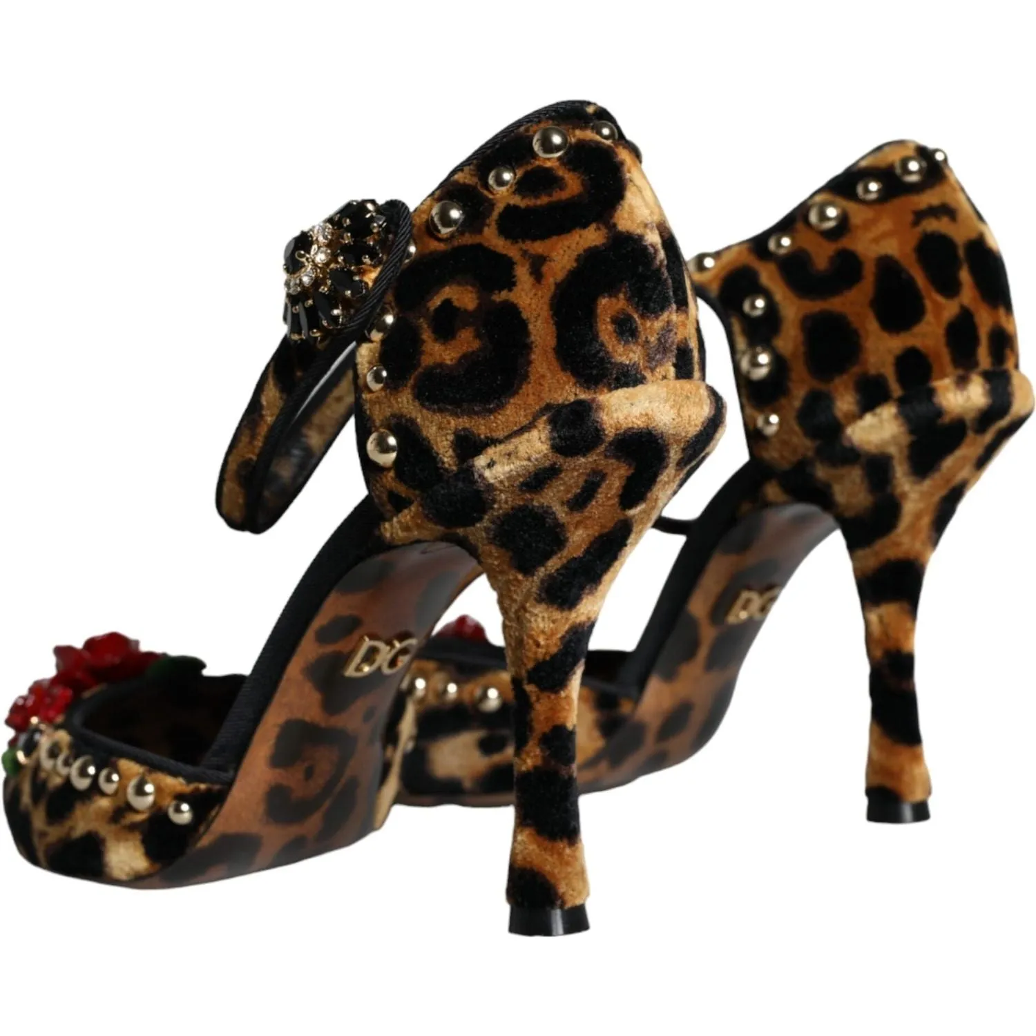 Dolce & Gabbana Brown Leopard Floral Crystal Ankle Strap Pumps Shoes