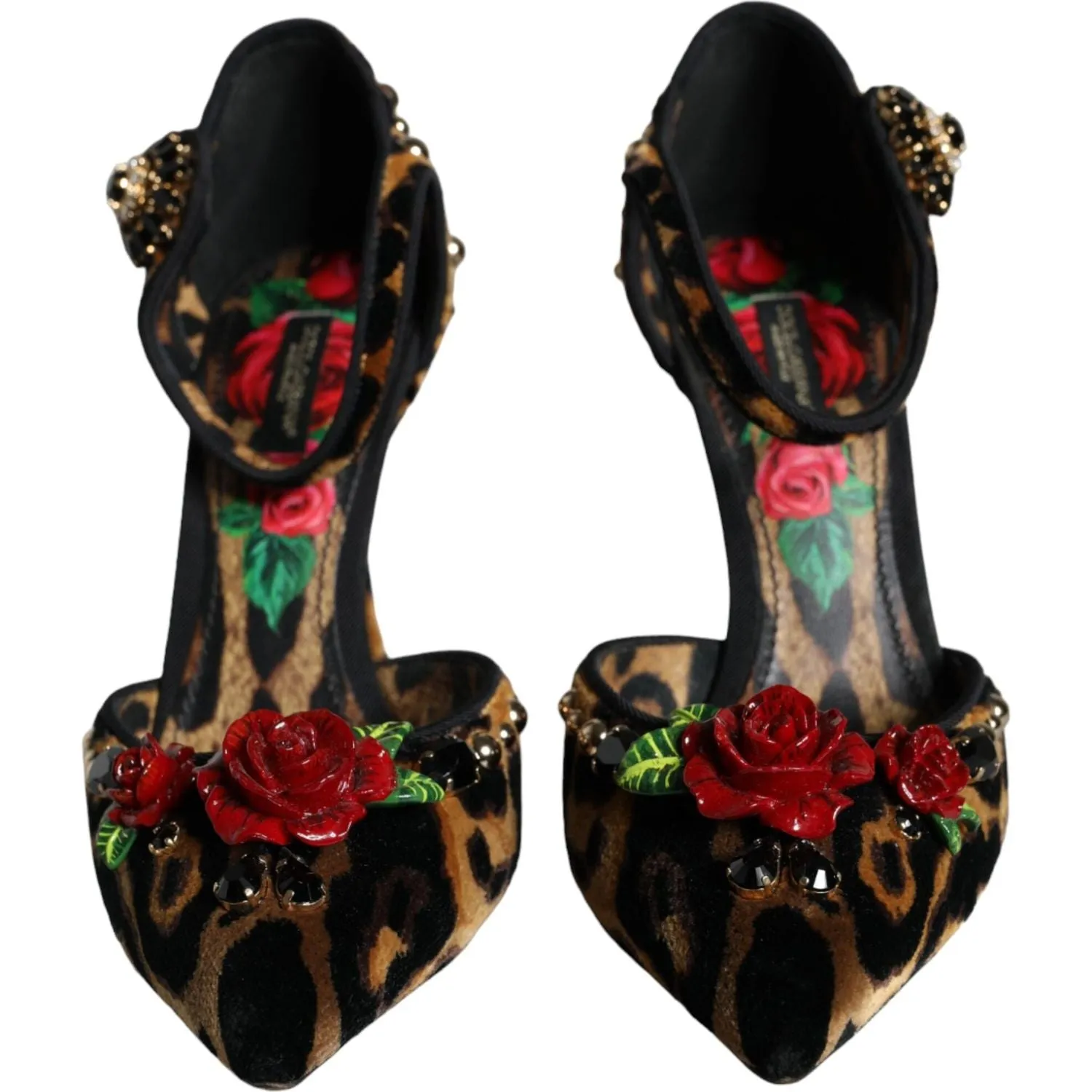 Dolce & Gabbana Brown Leopard Floral Crystal Ankle Strap Pumps Shoes