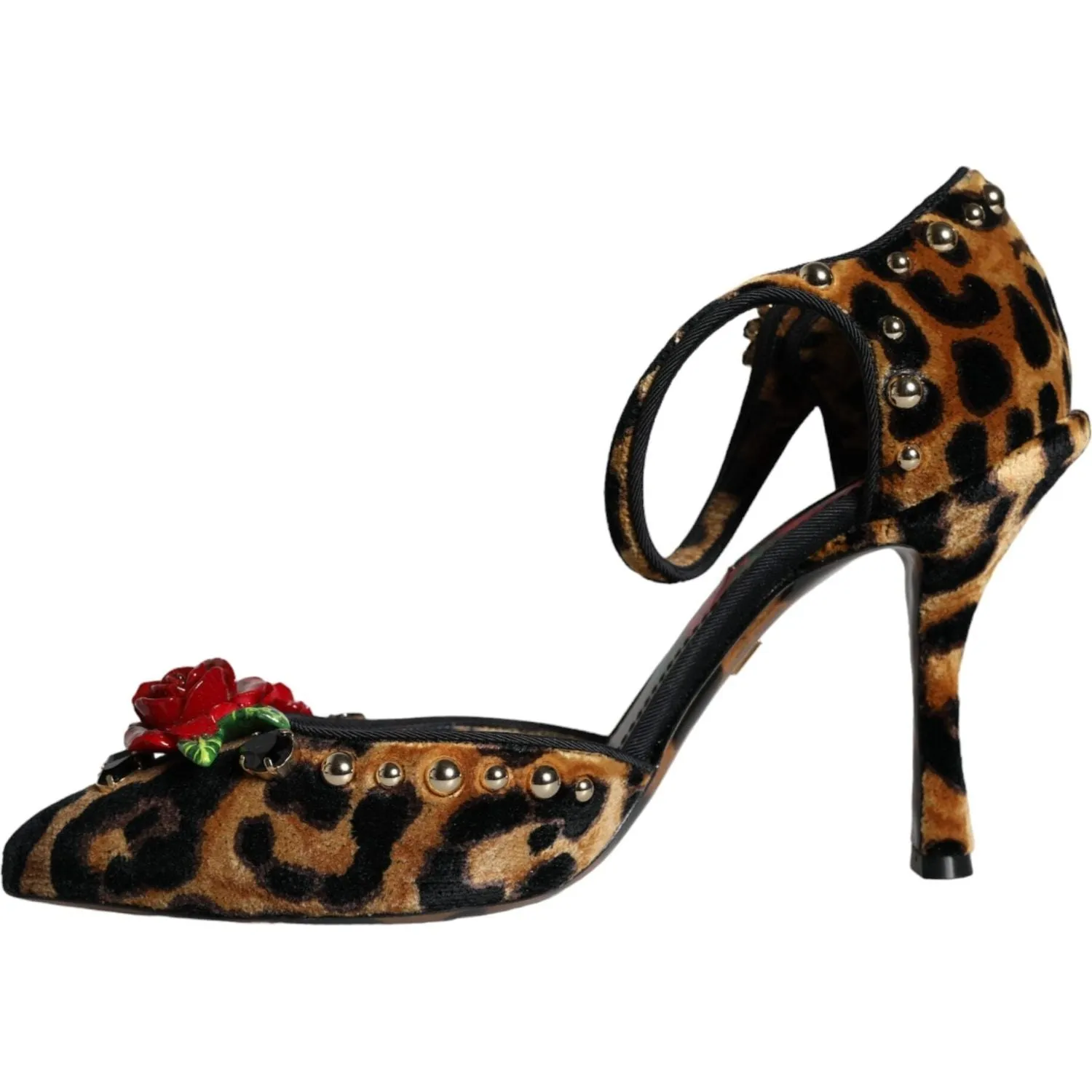 Dolce & Gabbana Brown Leopard Floral Crystal Ankle Strap Pumps Shoes