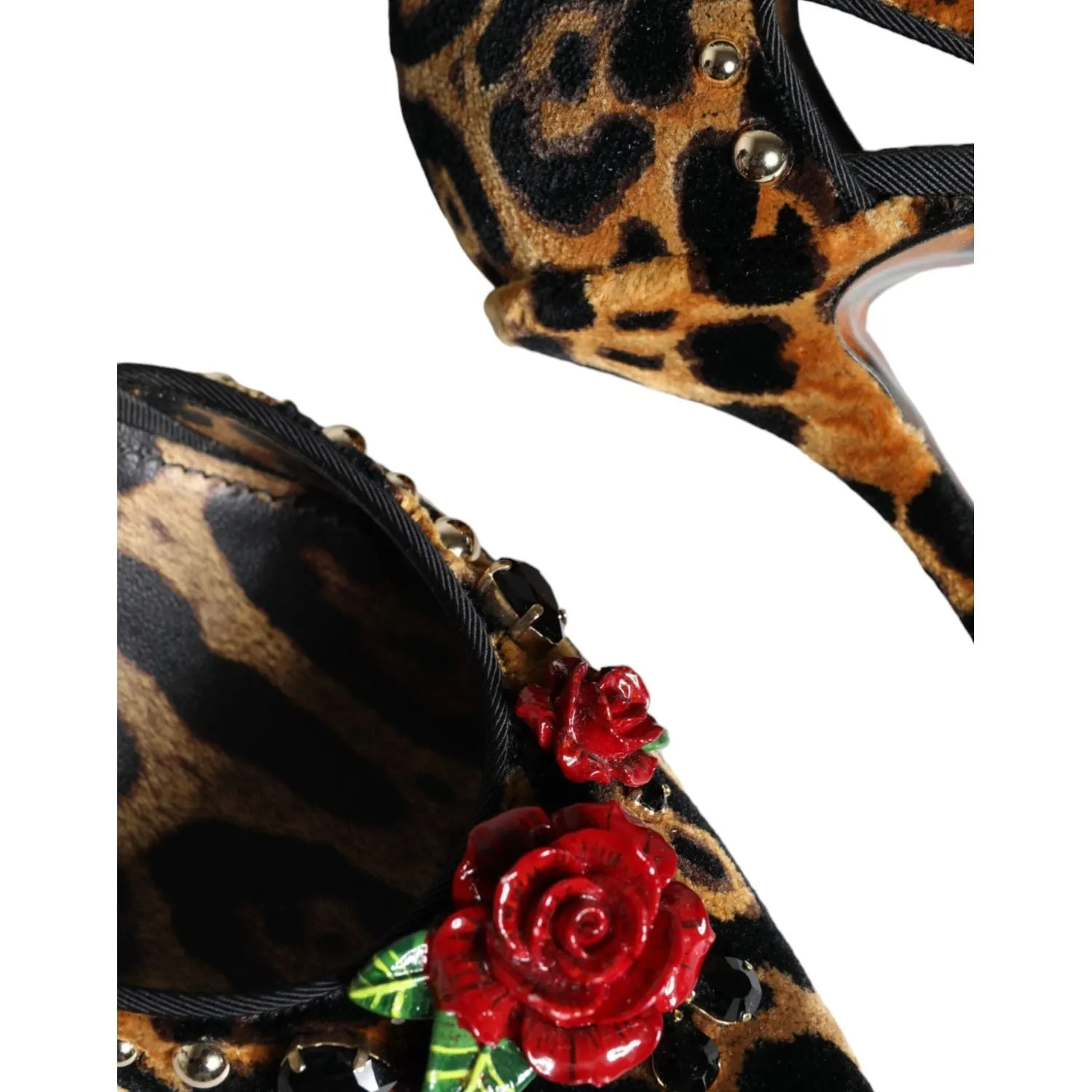 Dolce & Gabbana Brown Leopard Floral Crystal Ankle Strap Pumps Shoes