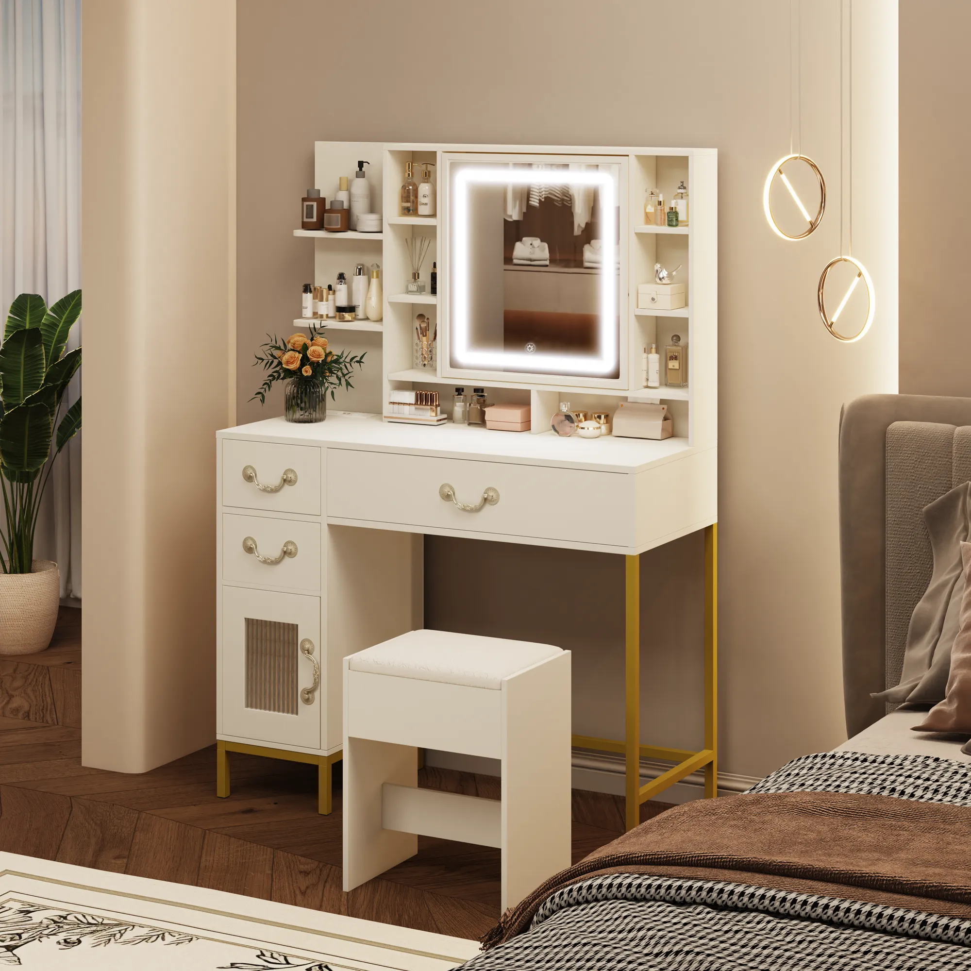 EROMMY Make up Vanity with 3-Color LED Lights, Openable Mirror and Charging Station, with Storage Shelves, White