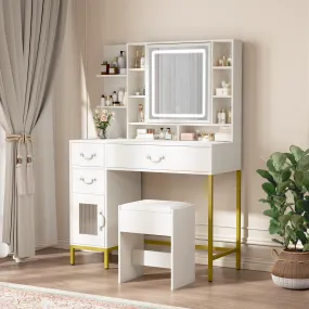EROMMY Make up Vanity with 3-Color LED Lights, Openable Mirror and Charging Station, with Storage Shelves, White