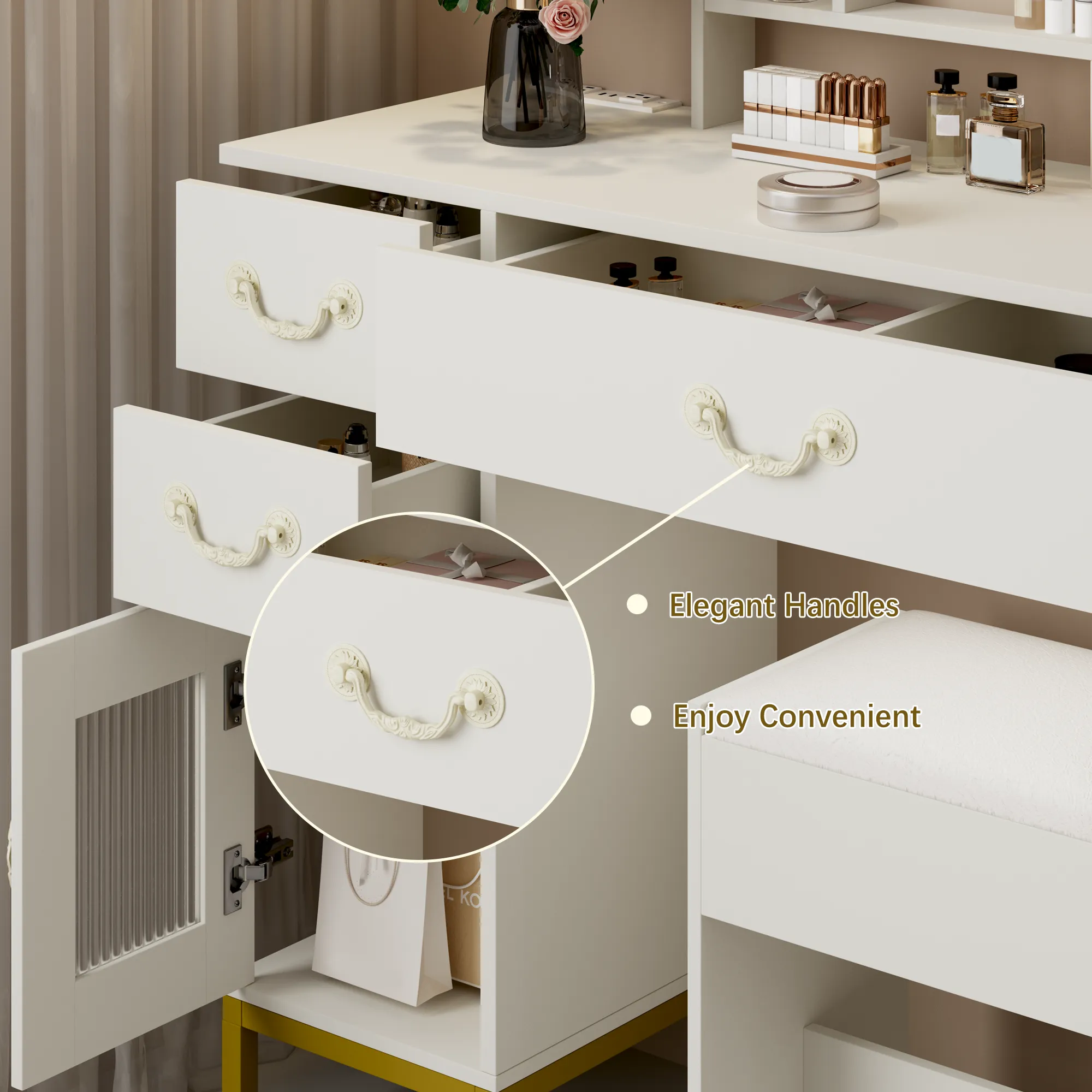 EROMMY Make up Vanity with 3-Color LED Lights, Openable Mirror and Charging Station, with Storage Shelves, White