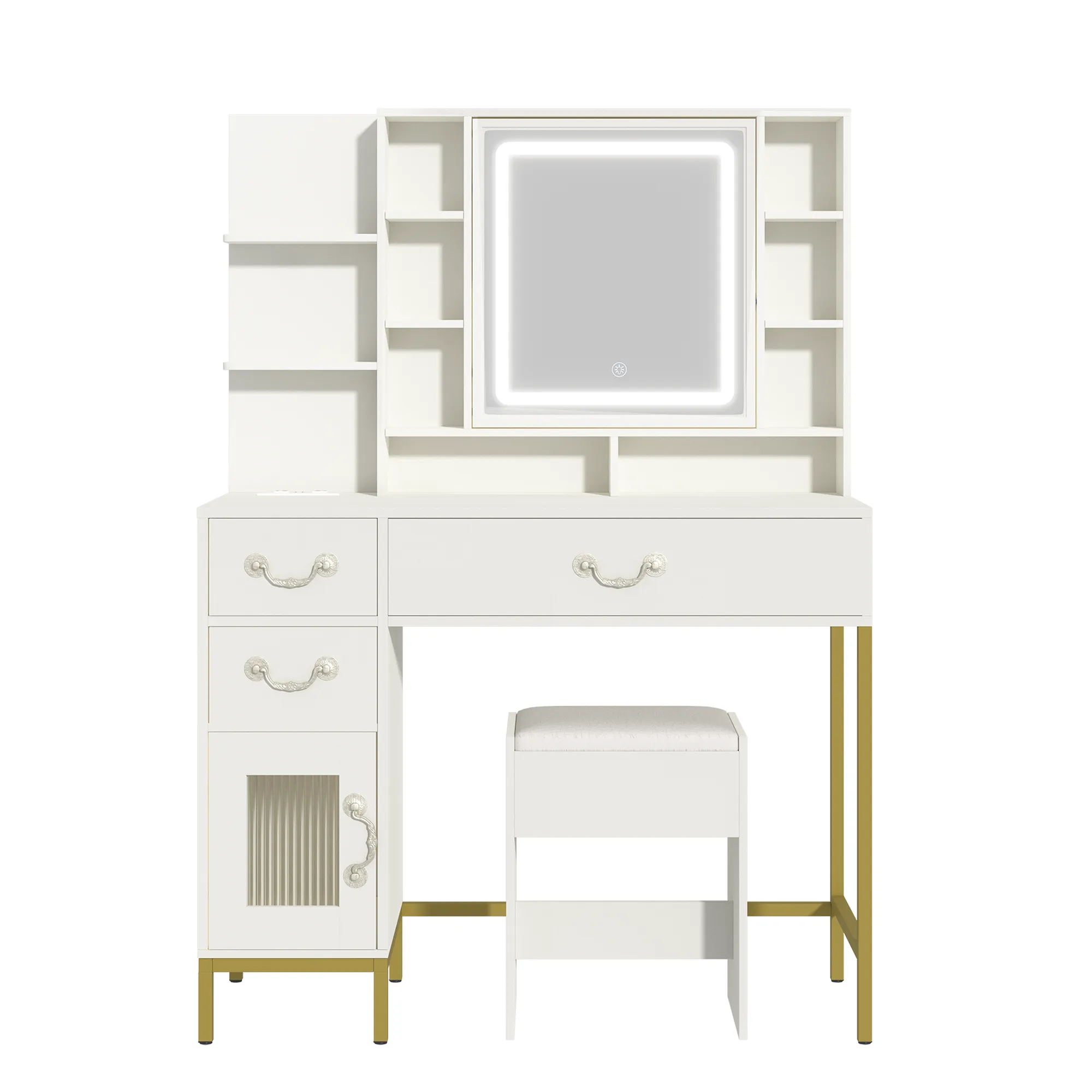 EROMMY Make up Vanity with 3-Color LED Lights, Openable Mirror and Charging Station, with Storage Shelves, White