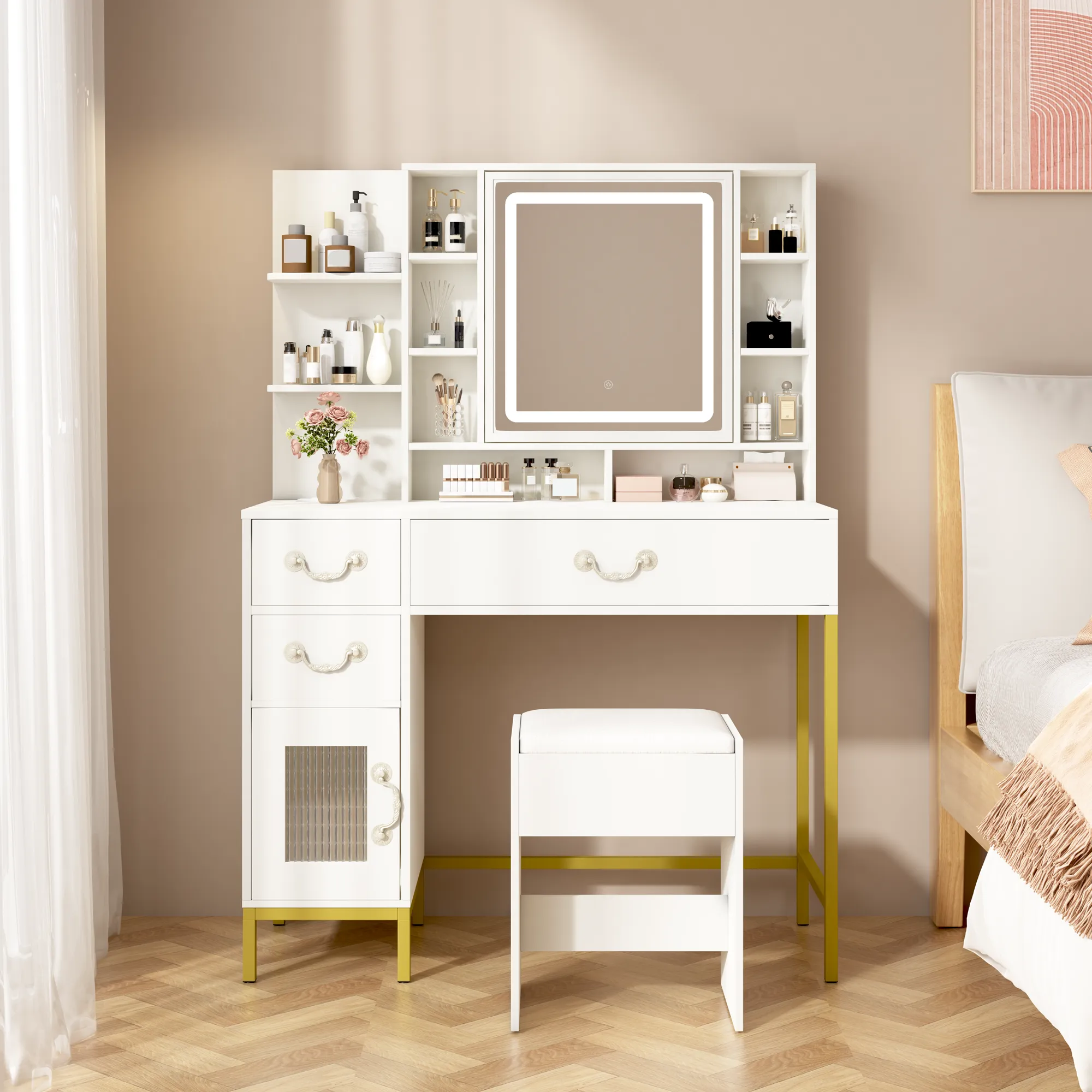 EROMMY Make up Vanity with 3-Color LED Lights, Openable Mirror and Charging Station, with Storage Shelves, White