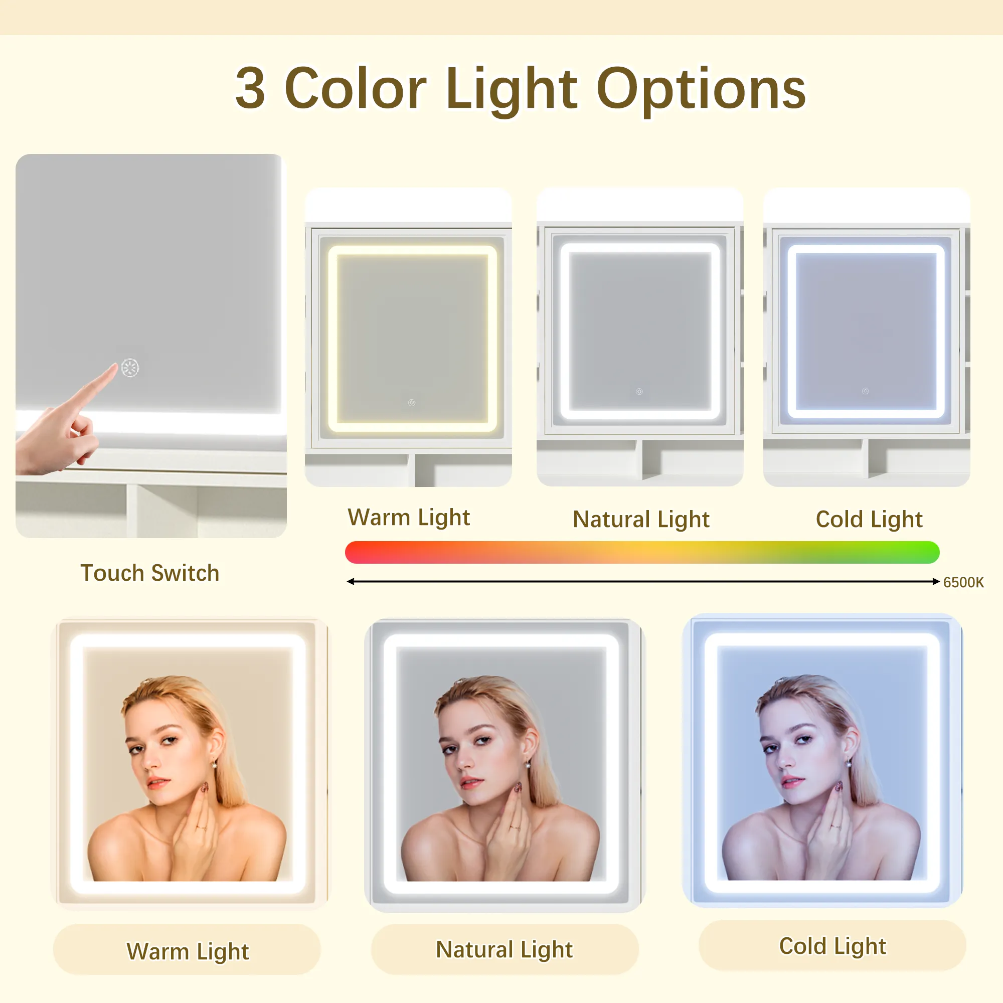 EROMMY Make up Vanity with 3-Color LED Lights, Openable Mirror and Charging Station, with Storage Shelves, White