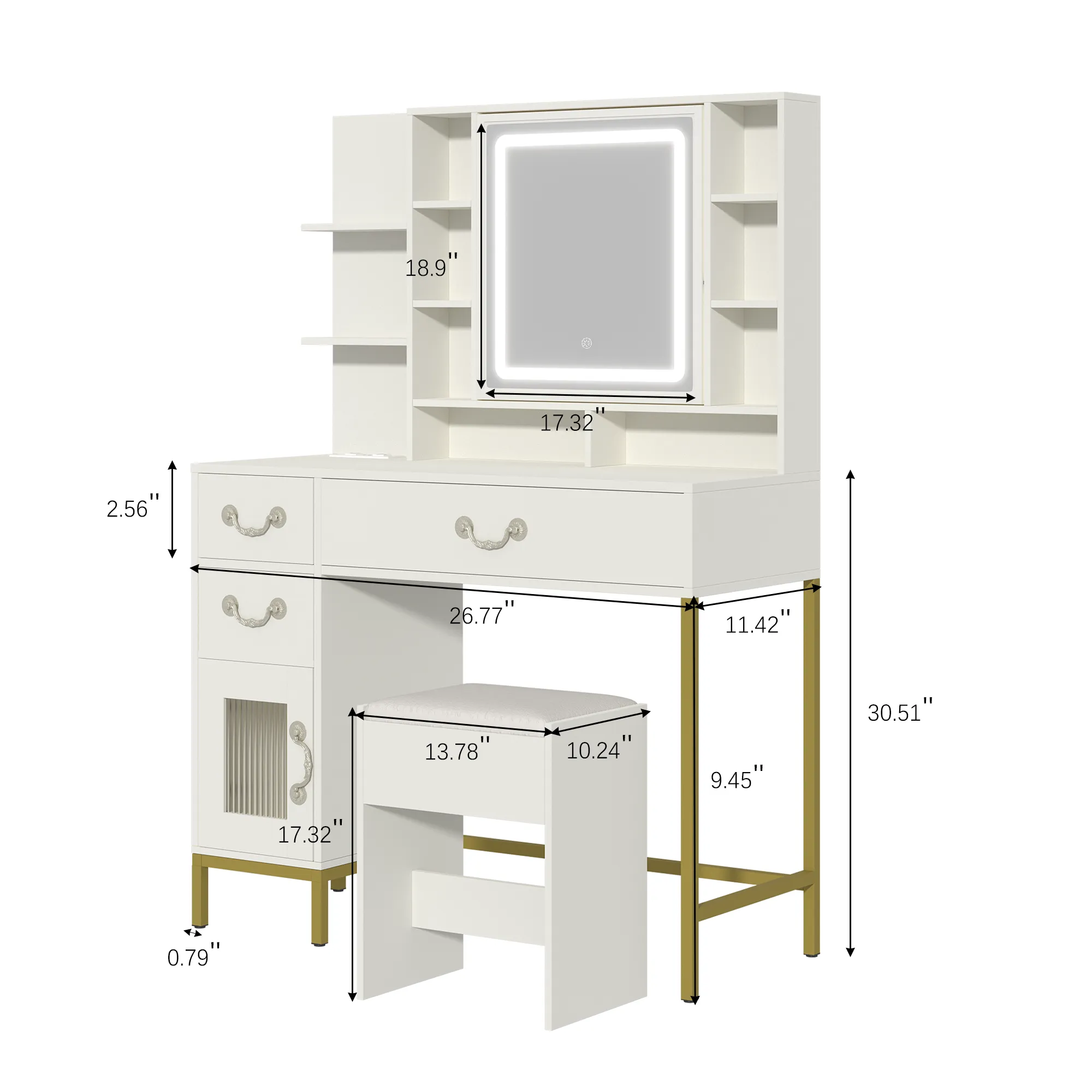 EROMMY Make up Vanity with 3-Color LED Lights, Openable Mirror and Charging Station, with Storage Shelves, White