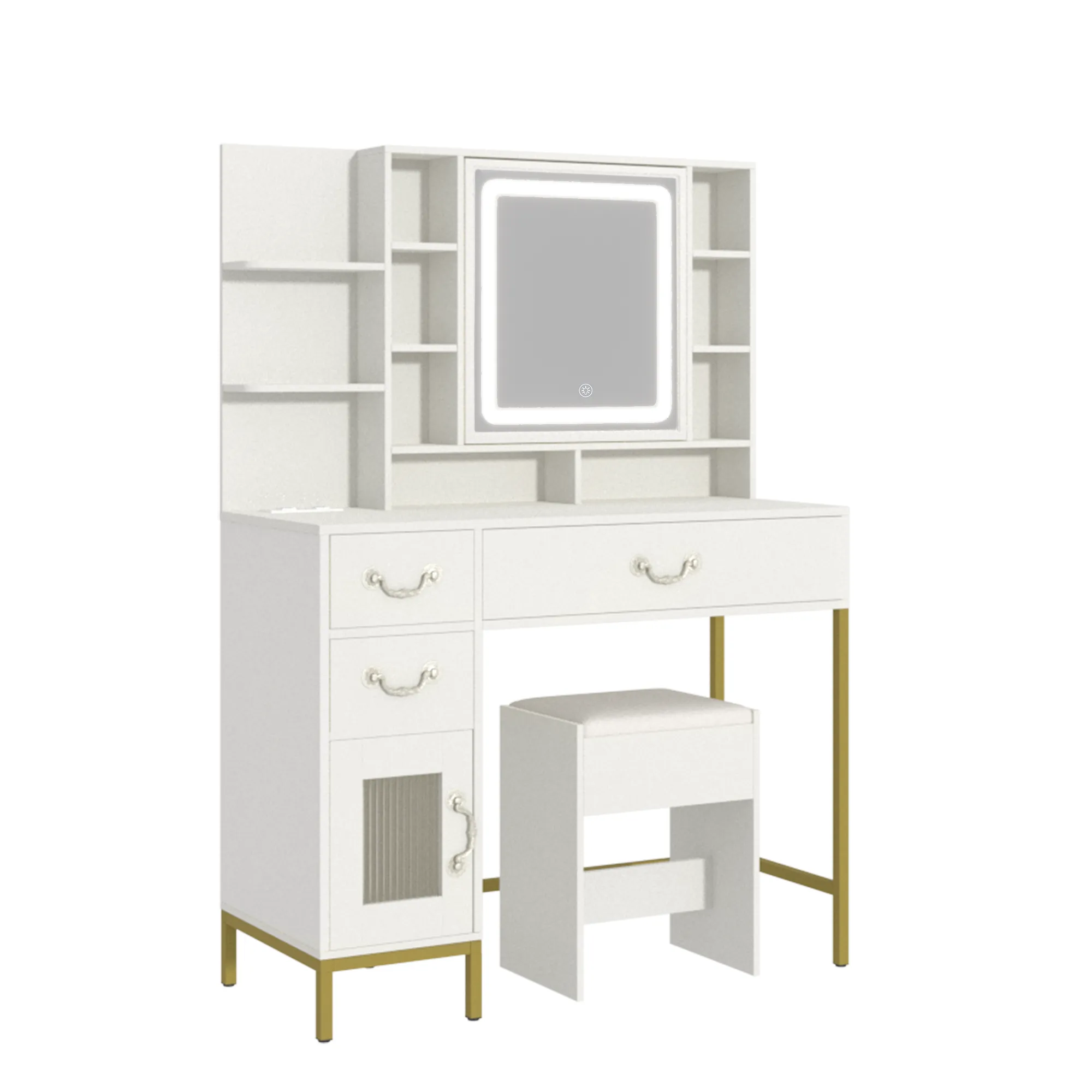 EROMMY Make up Vanity with 3-Color LED Lights, Openable Mirror and Charging Station, with Storage Shelves, White