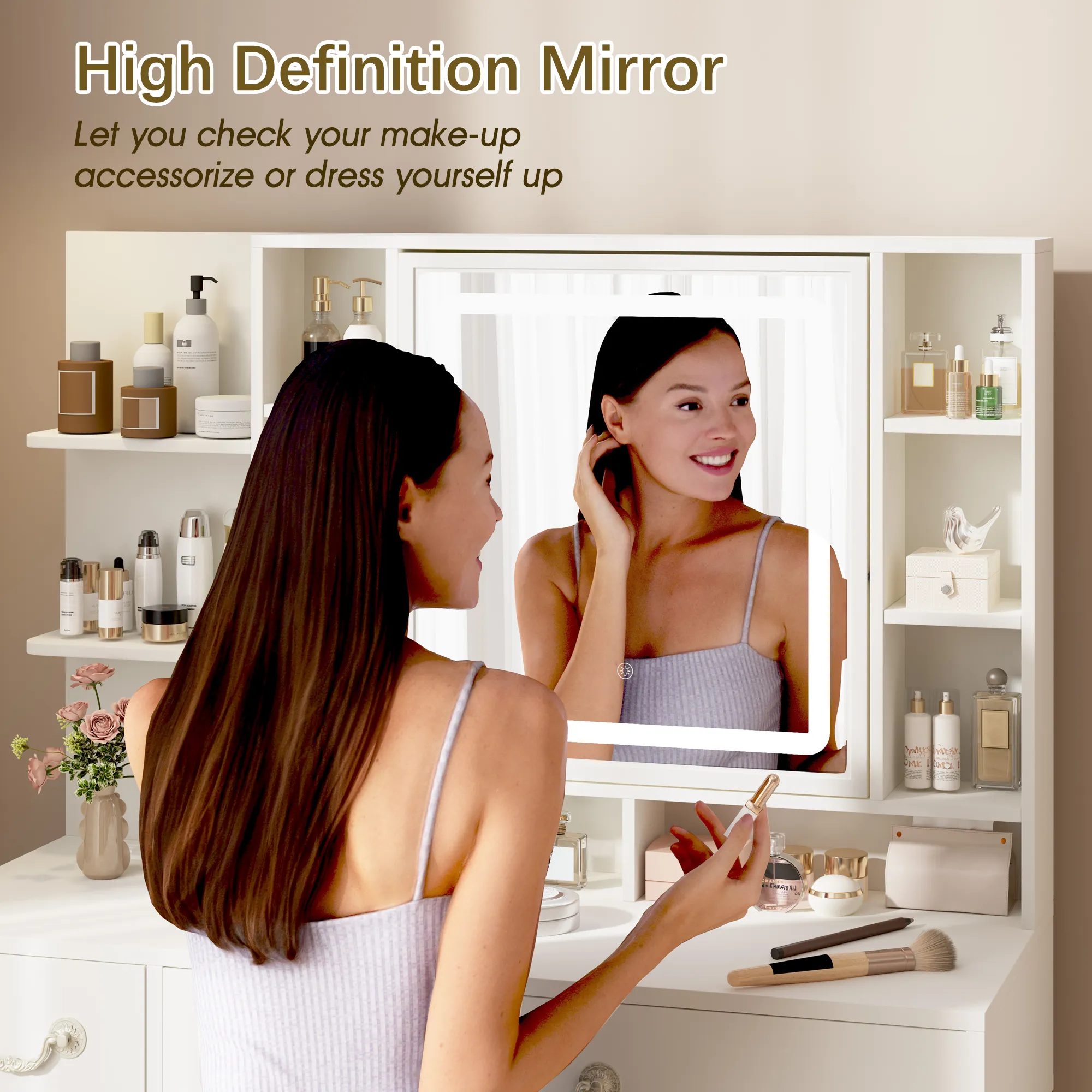 EROMMY Make up Vanity with 3-Color LED Lights, Openable Mirror and Charging Station, with Storage Shelves, White