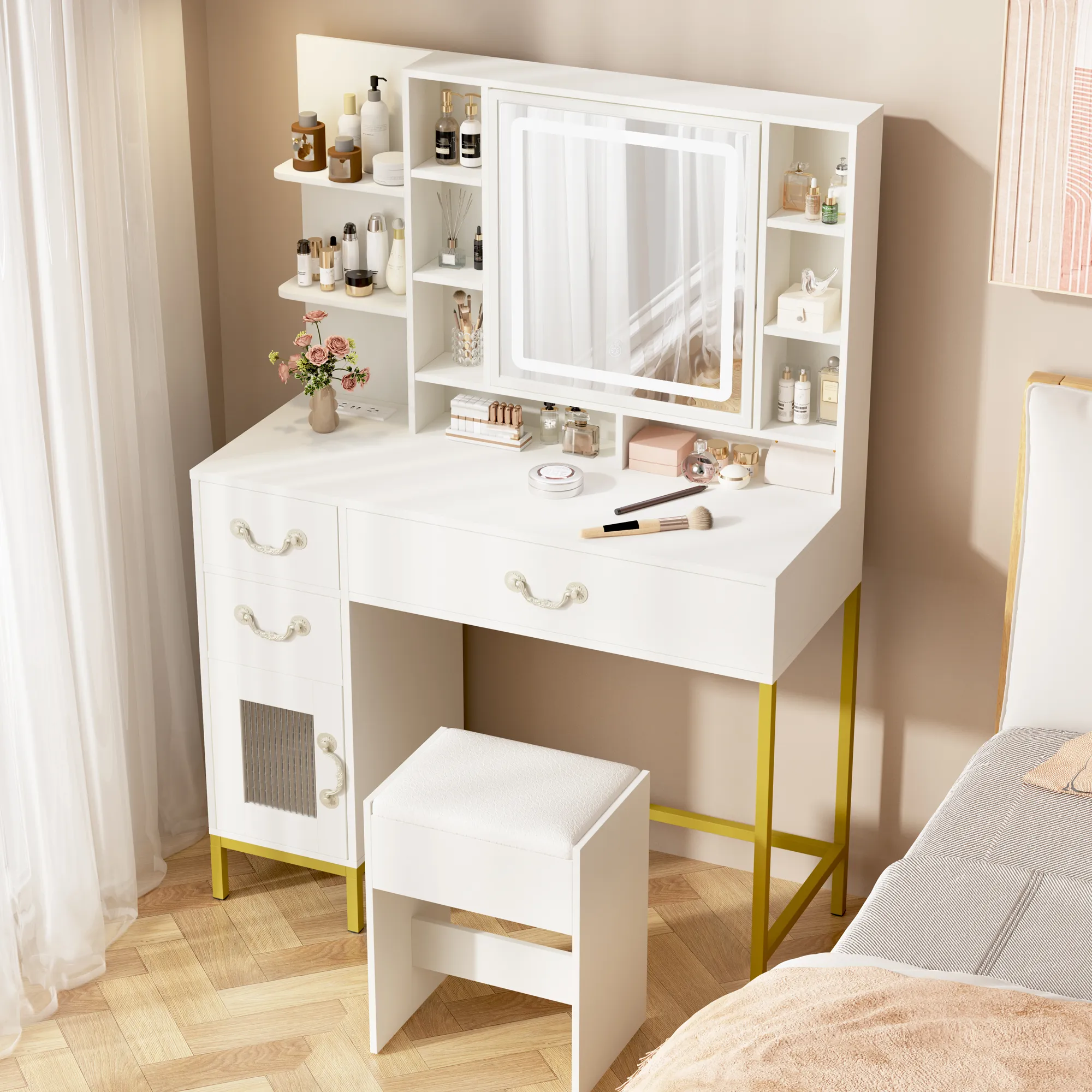 EROMMY Make up Vanity with 3-Color LED Lights, Openable Mirror and Charging Station, with Storage Shelves, White