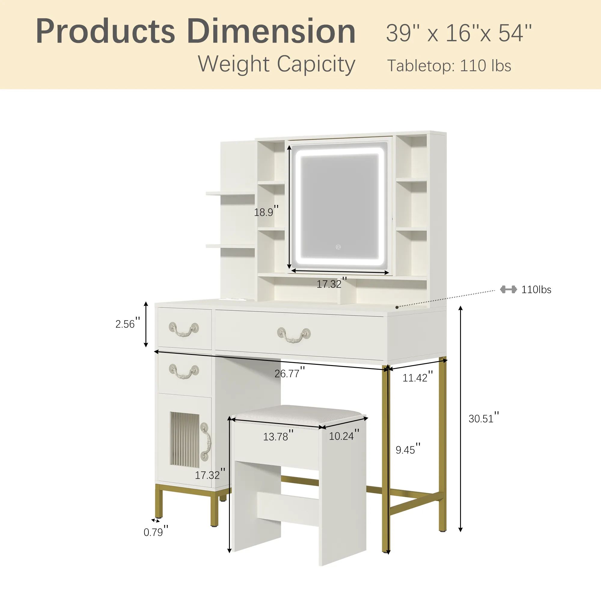 EROMMY Make up Vanity with 3-Color LED Lights, Openable Mirror and Charging Station, with Storage Shelves, White