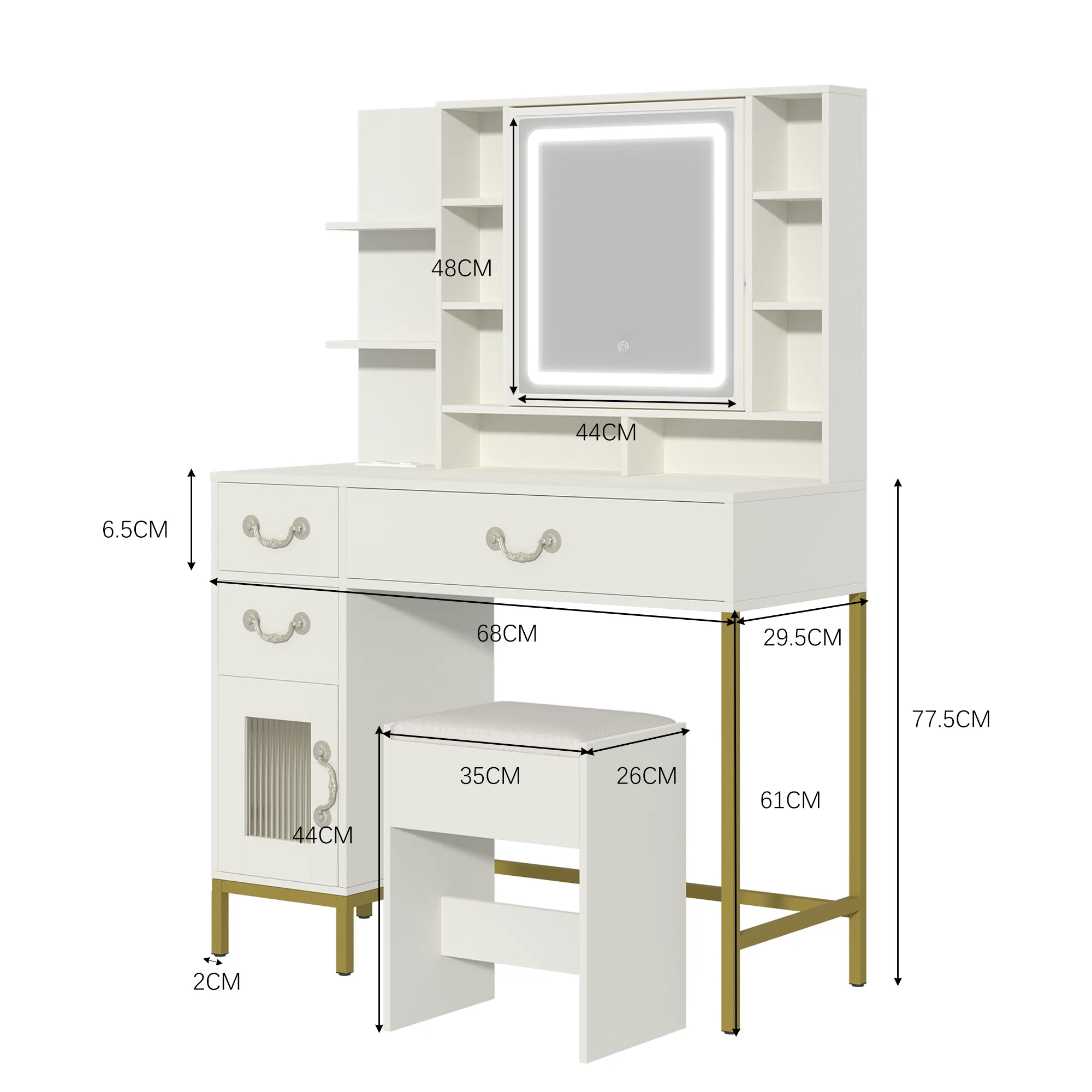 EROMMY Make up Vanity with 3-Color LED Lights, Openable Mirror and Charging Station, with Storage Shelves, White