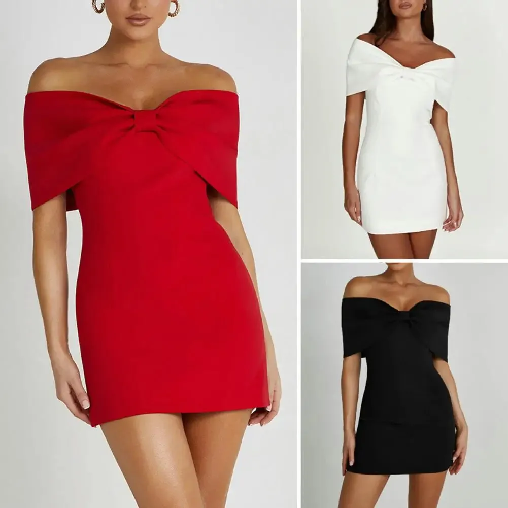FLYTONN-Women Prom Dress Off Shoulder Sheath Backless Sleeveless Dress Solid Color Slim Fit Bow Tight Waist Party Banquet Dress