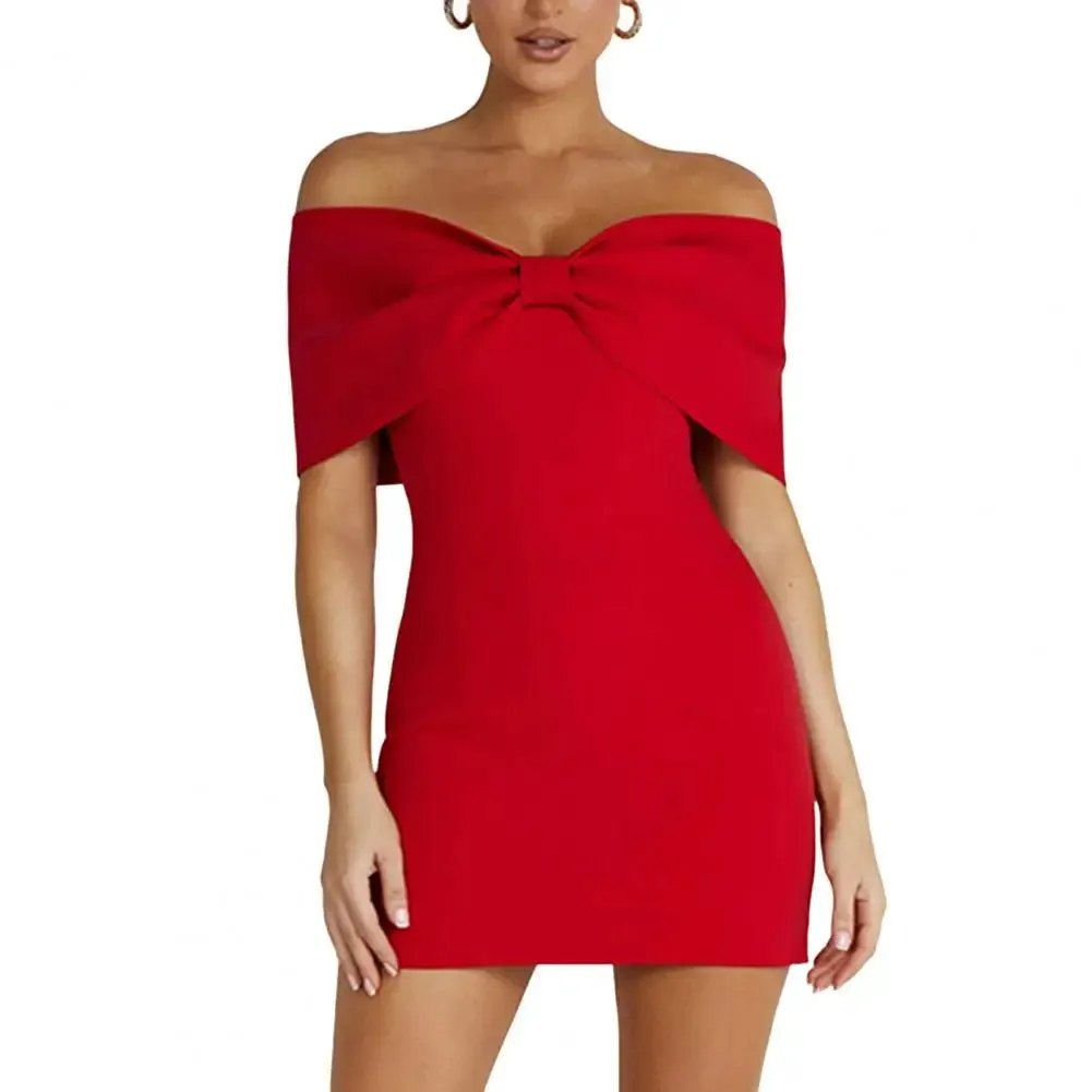 FLYTONN-Women Prom Dress Off Shoulder Sheath Backless Sleeveless Dress Solid Color Slim Fit Bow Tight Waist Party Banquet Dress
