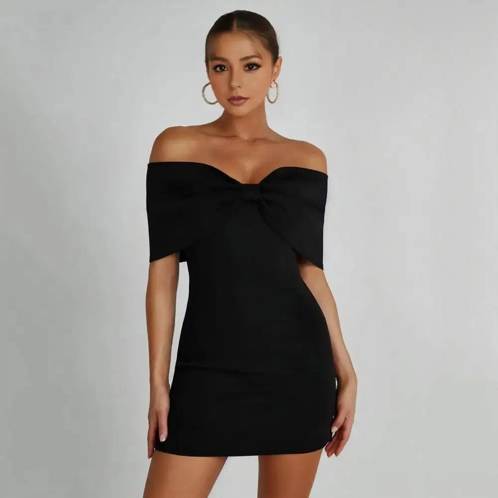 FLYTONN-Women Prom Dress Off Shoulder Sheath Backless Sleeveless Dress Solid Color Slim Fit Bow Tight Waist Party Banquet Dress