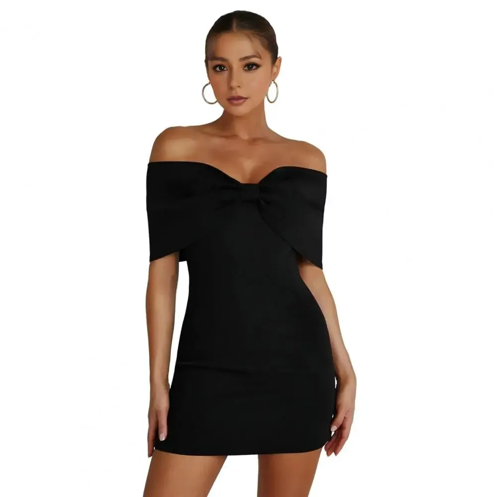FLYTONN-Women Prom Dress Off Shoulder Sheath Backless Sleeveless Dress Solid Color Slim Fit Bow Tight Waist Party Banquet Dress