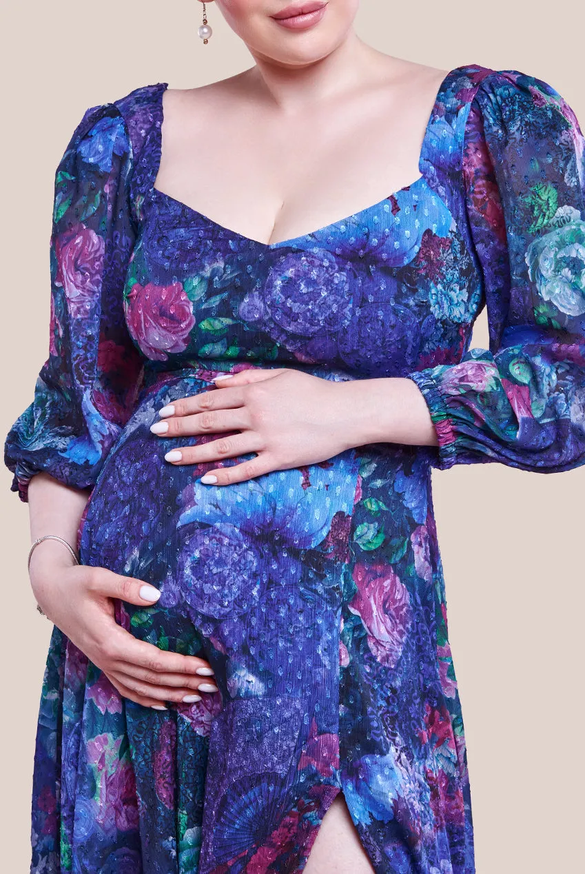 Goddiva Maternity Printed Shirred Back Maxi Dress - Navy