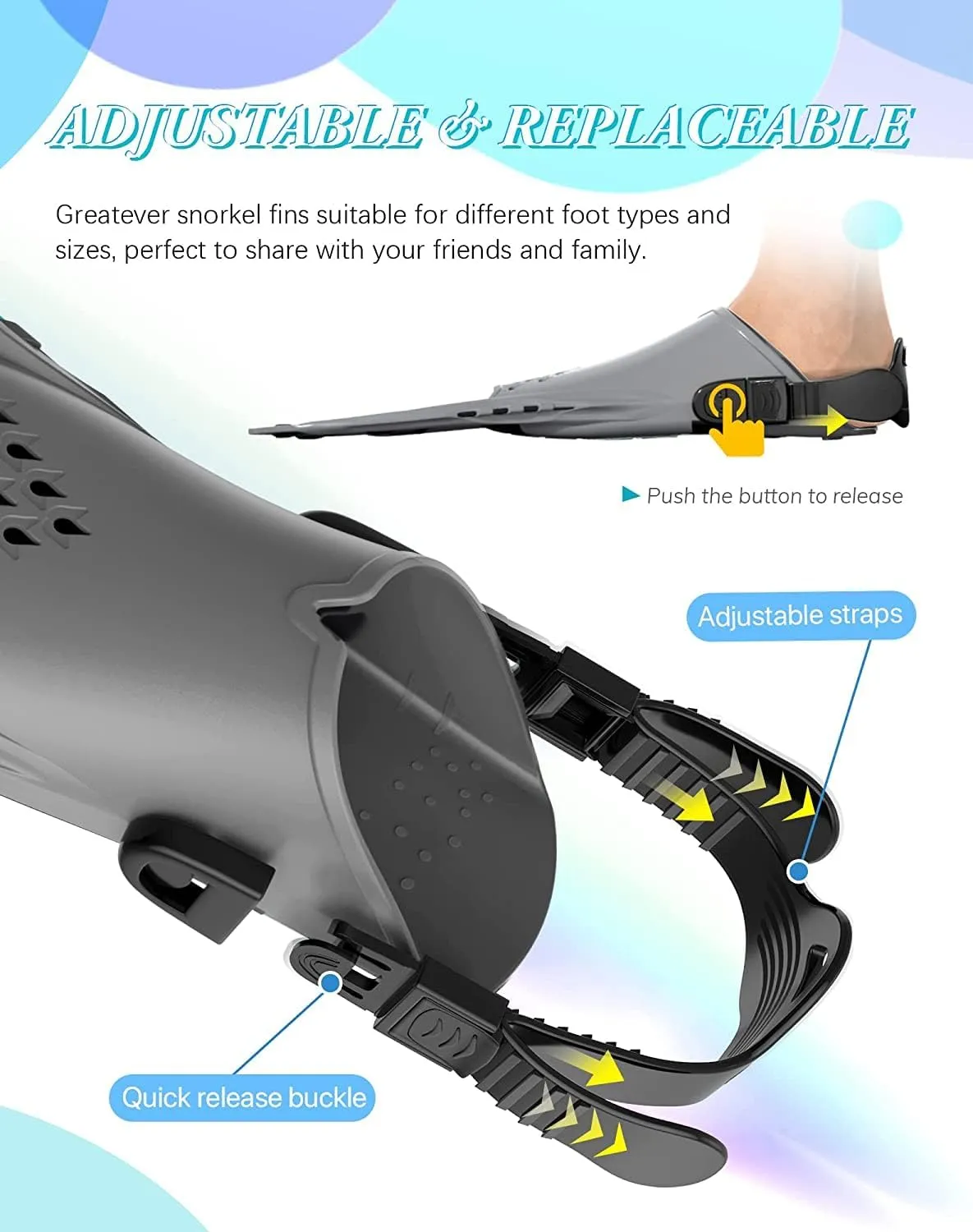 Greatever Kids Snorkel Fins Adjustable Buckles Open Heel Swim Flippers