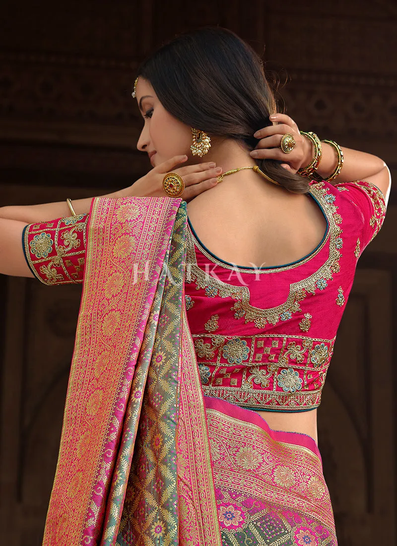 Green And Magenta Patola Silk Saree
