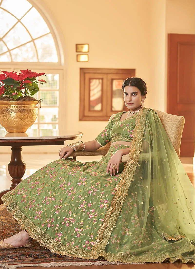 Green Multi Zari Embroidery Wedding Silk Lehenga