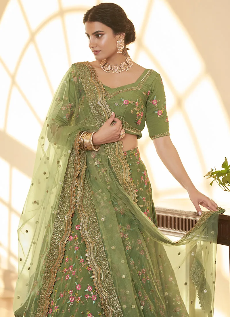 Green Multi Zari Embroidery Wedding Silk Lehenga