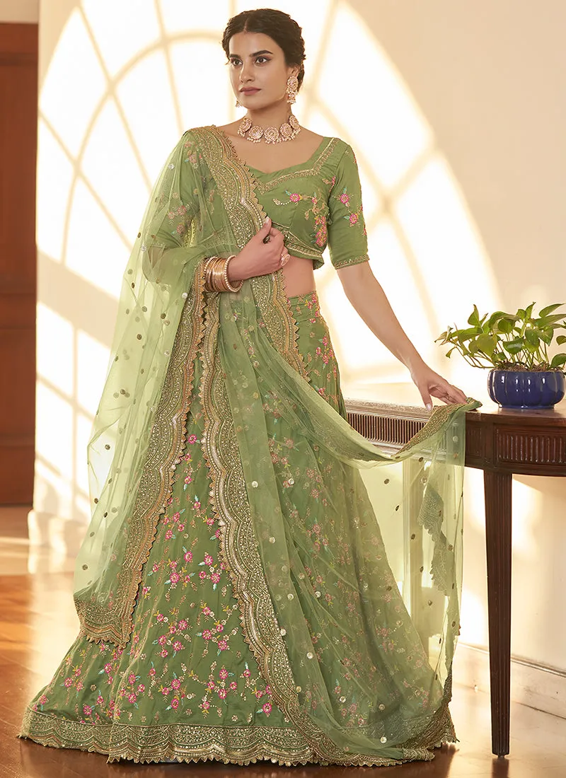 Green Multi Zari Embroidery Wedding Silk Lehenga