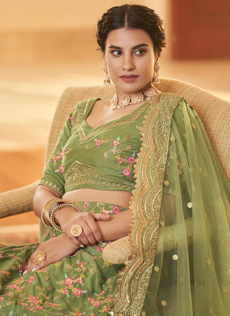 Green Multi Zari Embroidery Wedding Silk Lehenga
