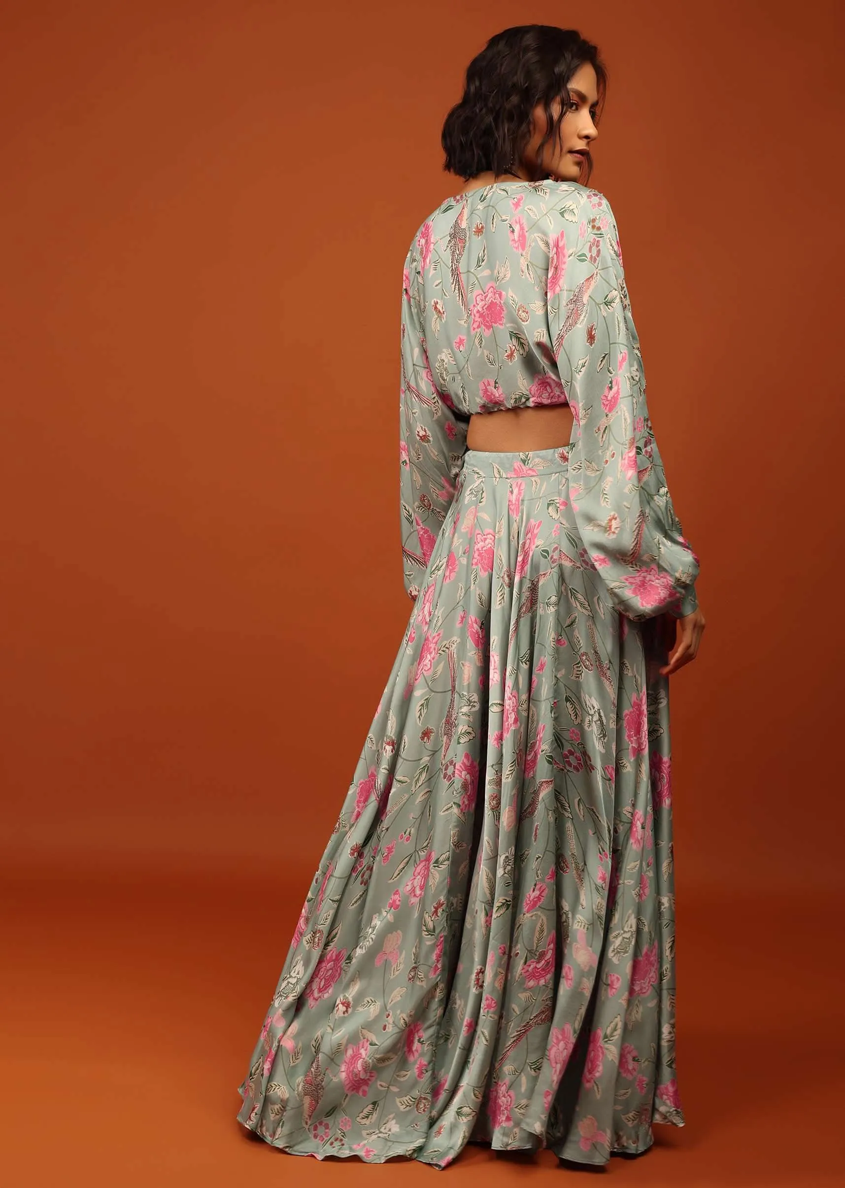 Green Print Crop Top And Lehenga in U Neckline & Full Balloon Sleeves With Embellishment