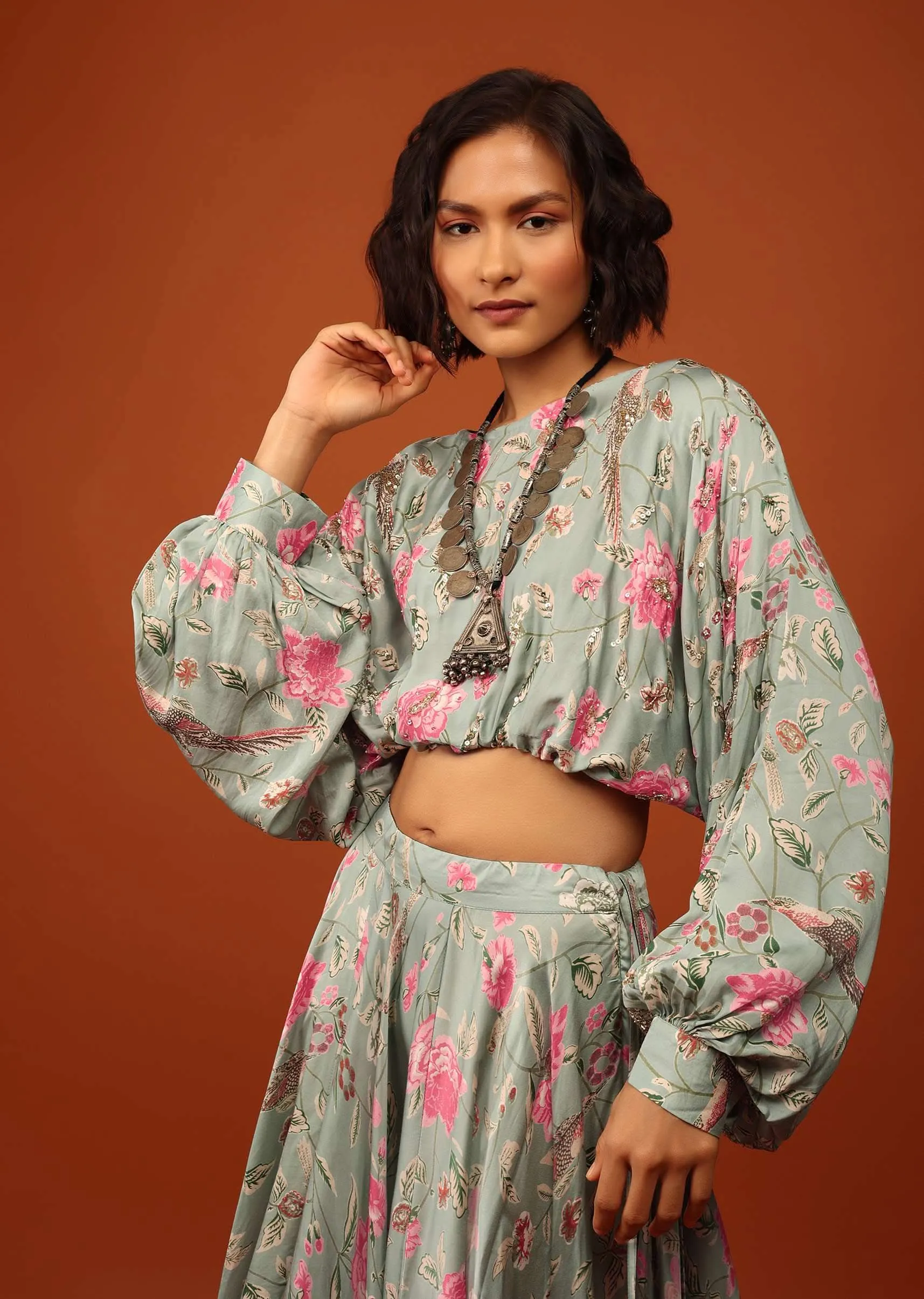 Green Print Crop Top And Lehenga in U Neckline & Full Balloon Sleeves With Embellishment