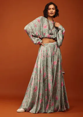 Green Print Crop Top And Lehenga in U Neckline & Full Balloon Sleeves With Embellishment