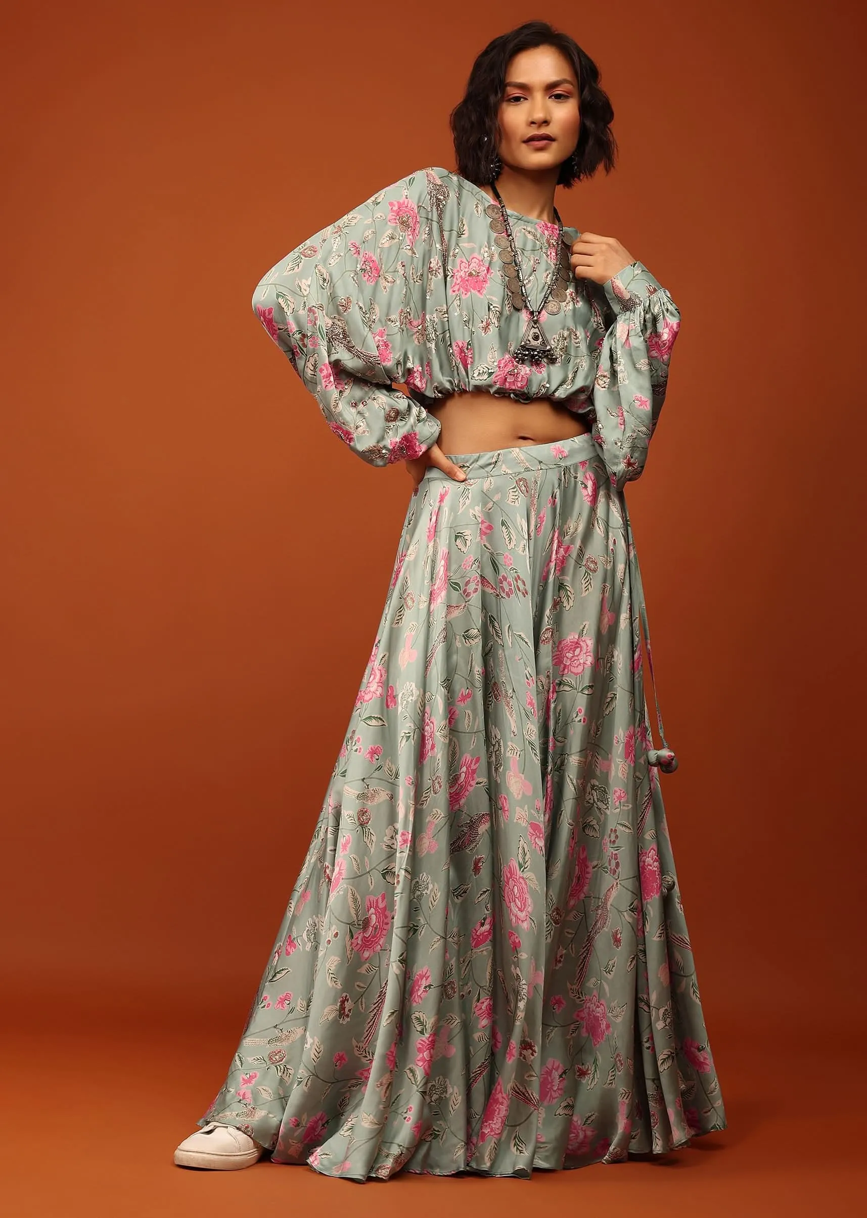 Green Print Crop Top And Lehenga in U Neckline & Full Balloon Sleeves With Embellishment