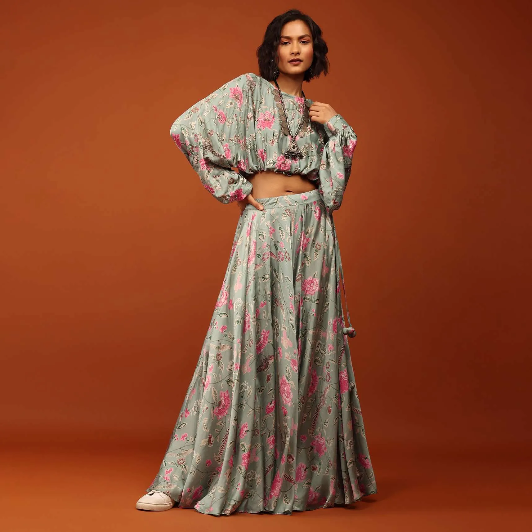 Green Print Crop Top And Lehenga in U Neckline & Full Balloon Sleeves With Embellishment