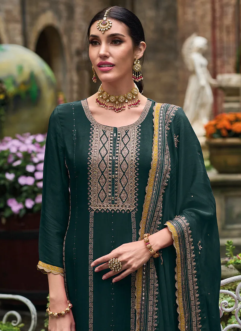 Green Traditional Embroidery Wedding Palazzo Suit