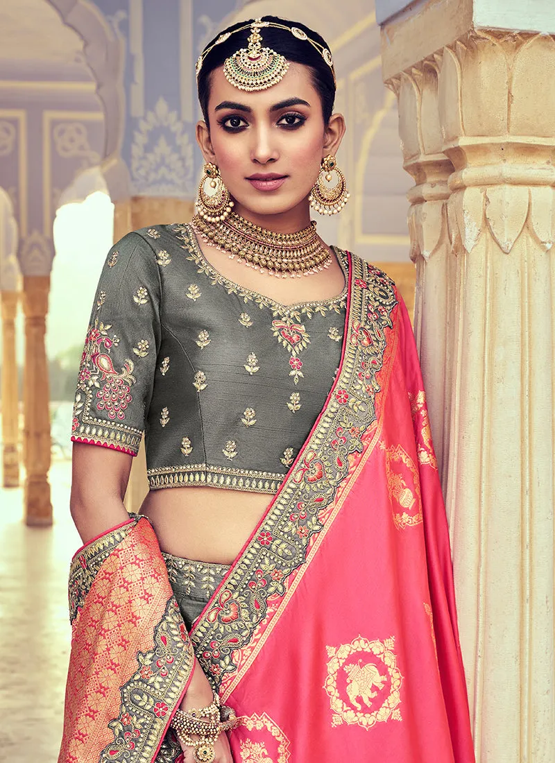 Grey And Pink Multi Embroidery Wedding Lehenga Choli
