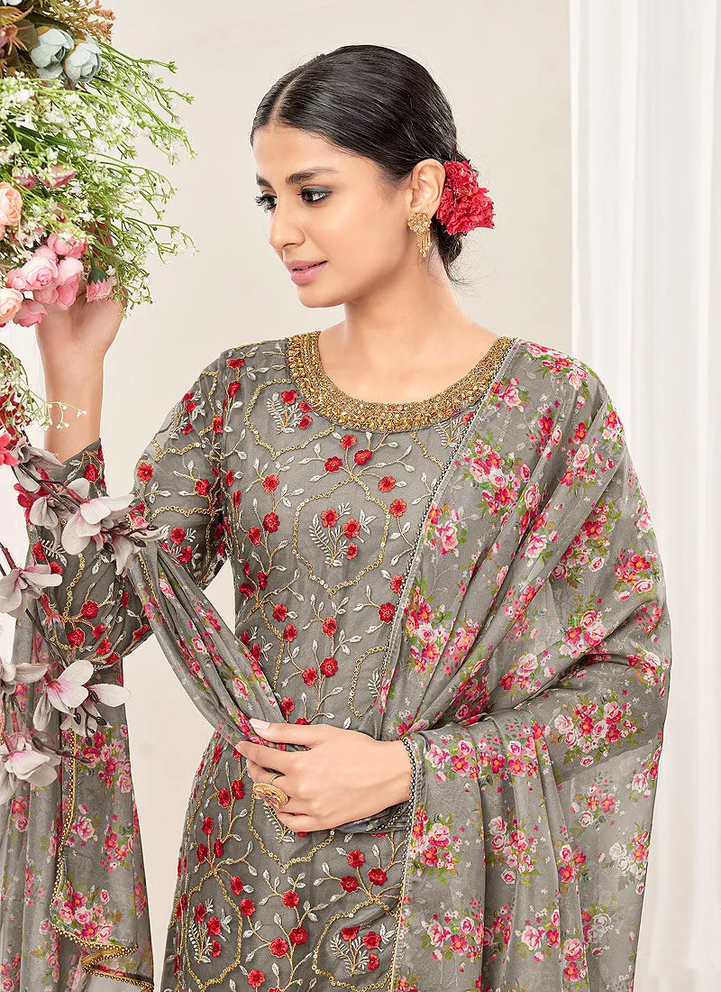 Grey Multi Floral Embroidery Traditional Patiala Suit