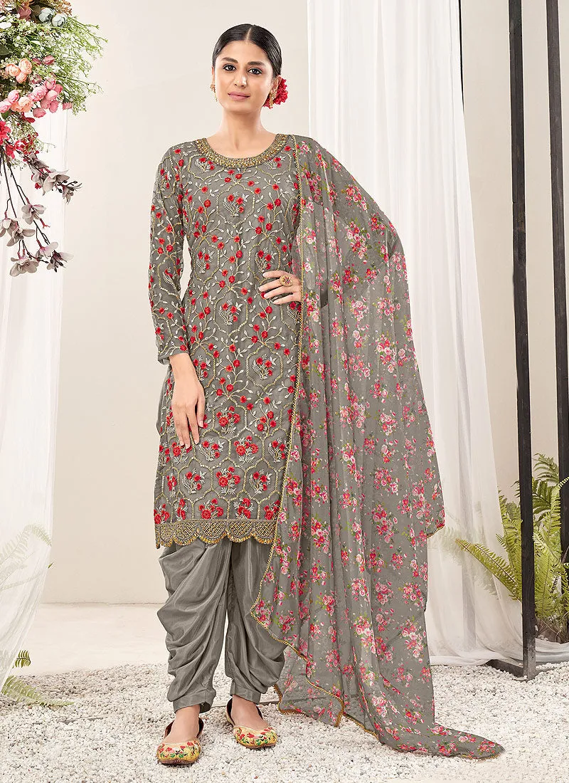 Grey Multi Floral Embroidery Traditional Patiala Suit