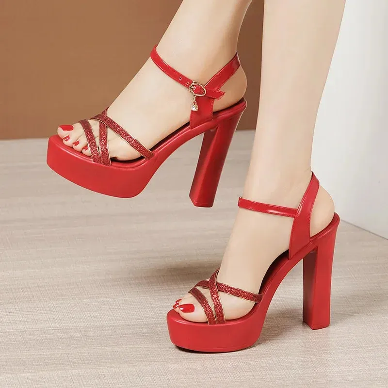 Hnzxzm 10cm Block Heel Platform Sandals Summer Wedding Shoes Gold Silver 2024 High Heels Sandals Women Office Party Small Size 32-43