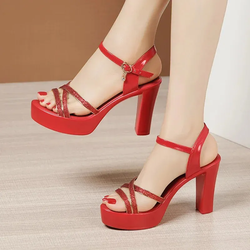 Hnzxzm 10cm Block Heel Platform Sandals Summer Wedding Shoes Gold Silver 2024 High Heels Sandals Women Office Party Small Size 32-43