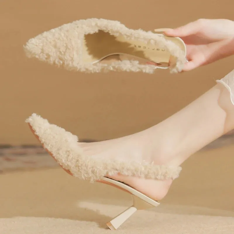 Hnzxzm Black Fur Slingback Pumps Sandals Women Fashion Pointed Toe Shallow Slip-on Plush Pumps Ladies Elegant Evening Party Heel Shoes