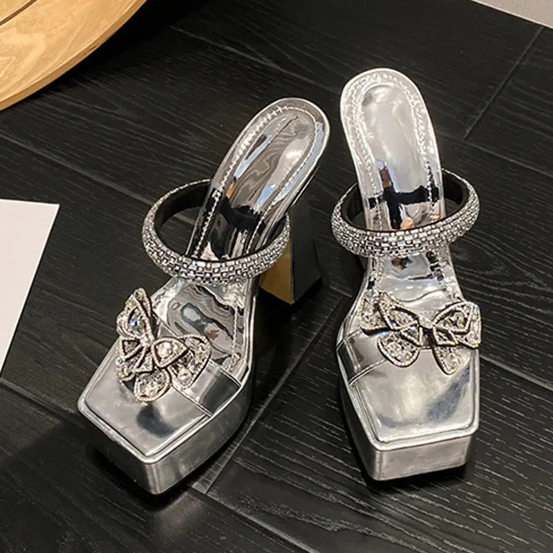 Hnzxzm Summer 14CM Super High Heels Modern Slippers Fashion Crystal Butterfly Chunky Platform Sandals Women Party Stripper Shoes