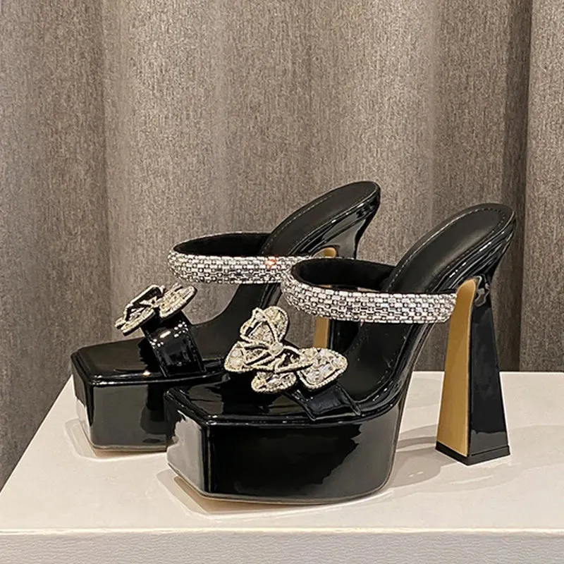 Hnzxzm Summer 14CM Super High Heels Modern Slippers Fashion Crystal Butterfly Chunky Platform Sandals Women Party Stripper Shoes