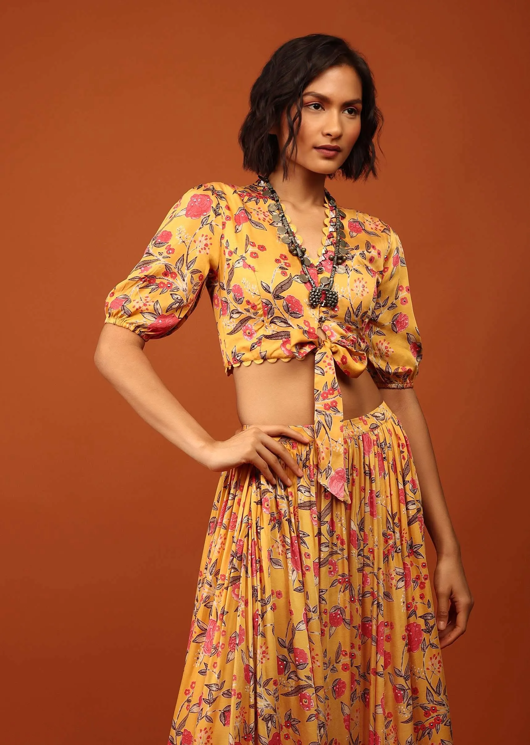 Honey Yellow Blouse And Lehenga In V Neckline & Balloon Sleeves With Embellishment