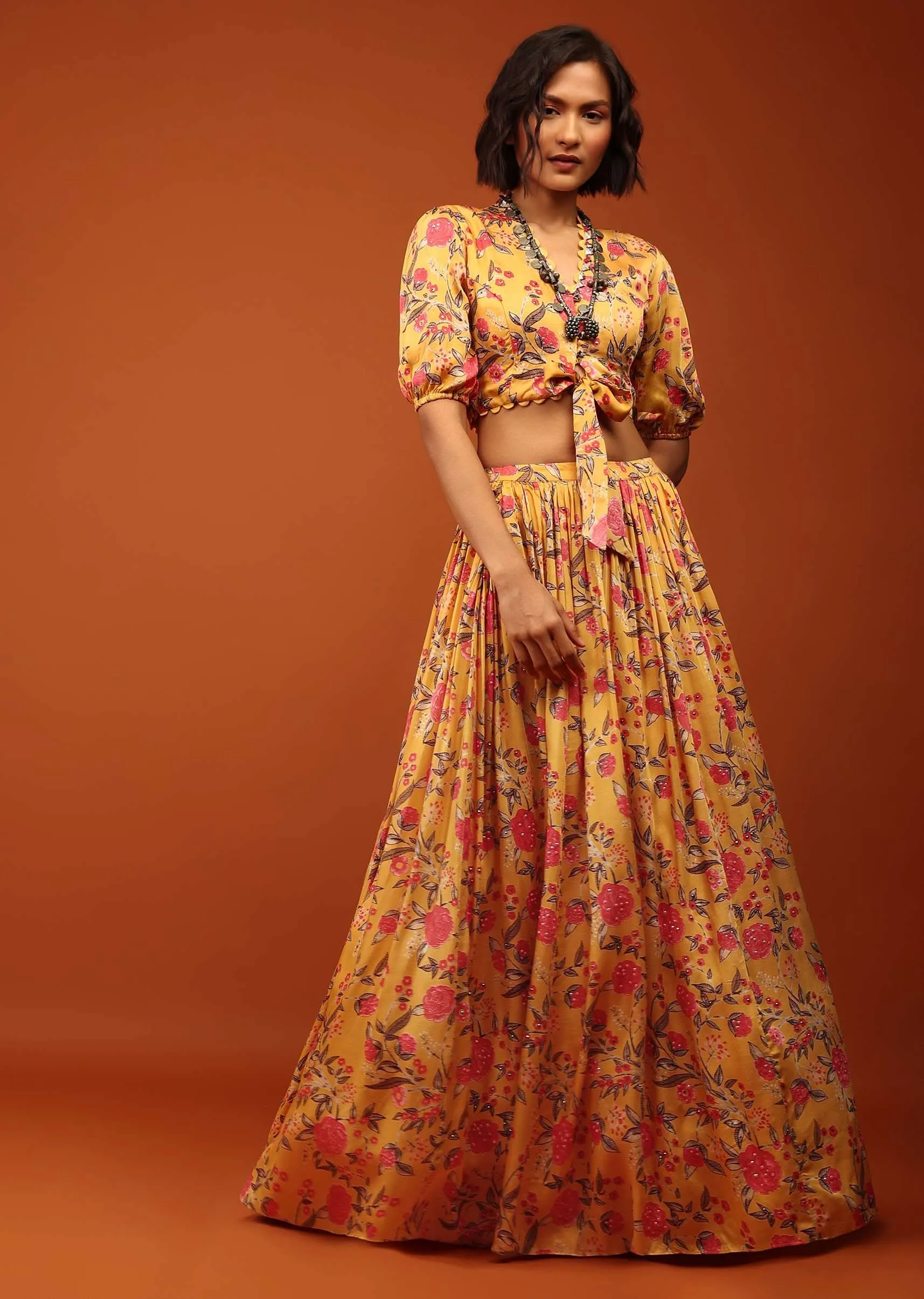 Honey Yellow Blouse And Lehenga In V Neckline & Balloon Sleeves With Embellishment