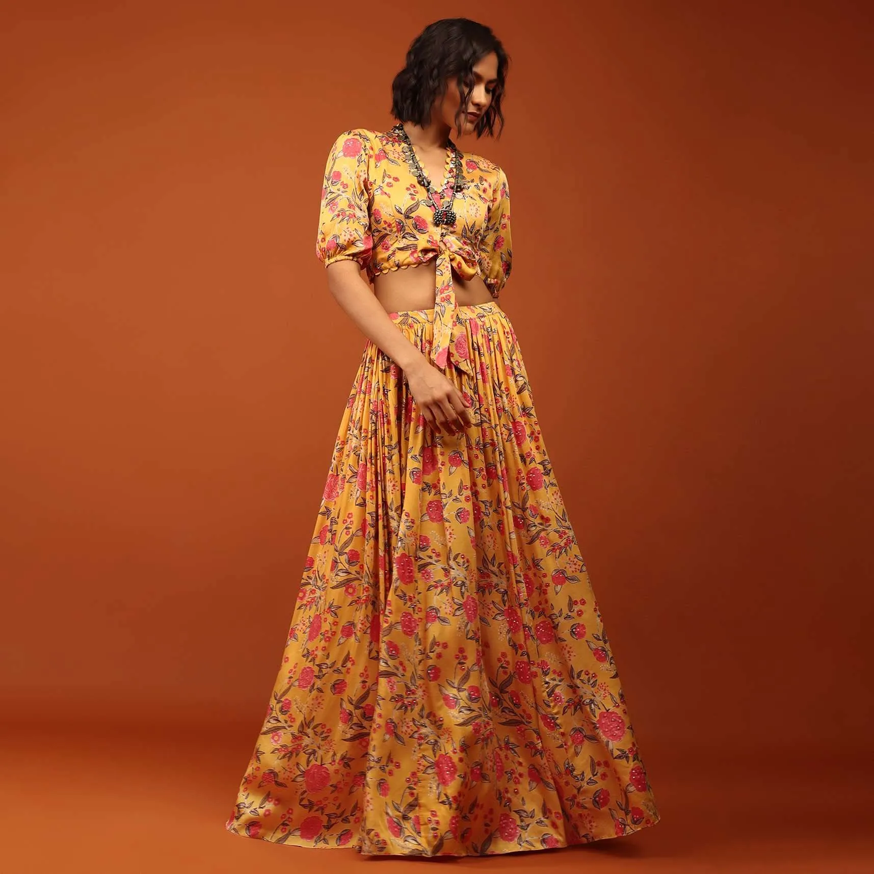 Honey Yellow Blouse And Lehenga In V Neckline & Balloon Sleeves With Embellishment
