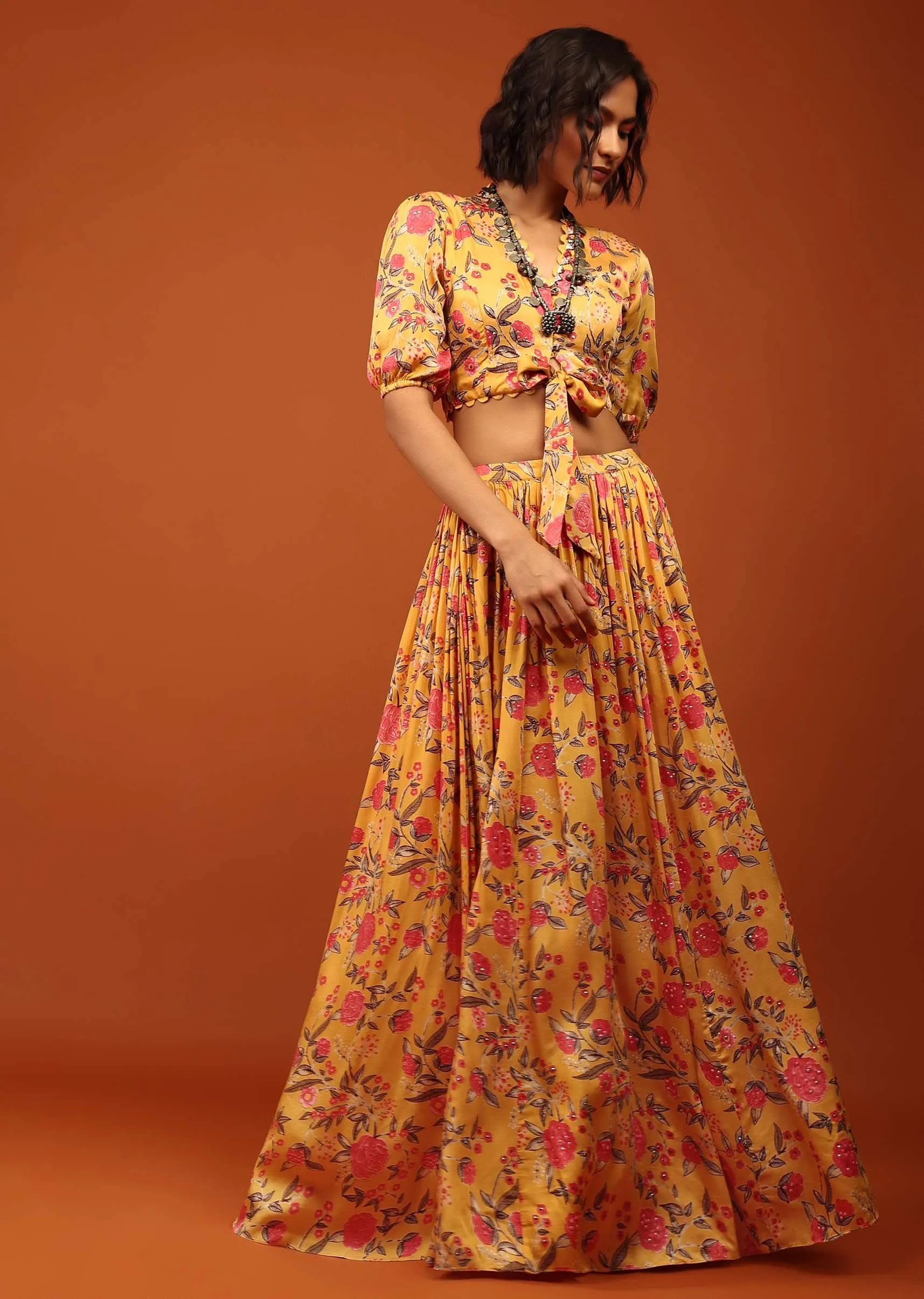 Honey Yellow Blouse And Lehenga In V Neckline & Balloon Sleeves With Embellishment