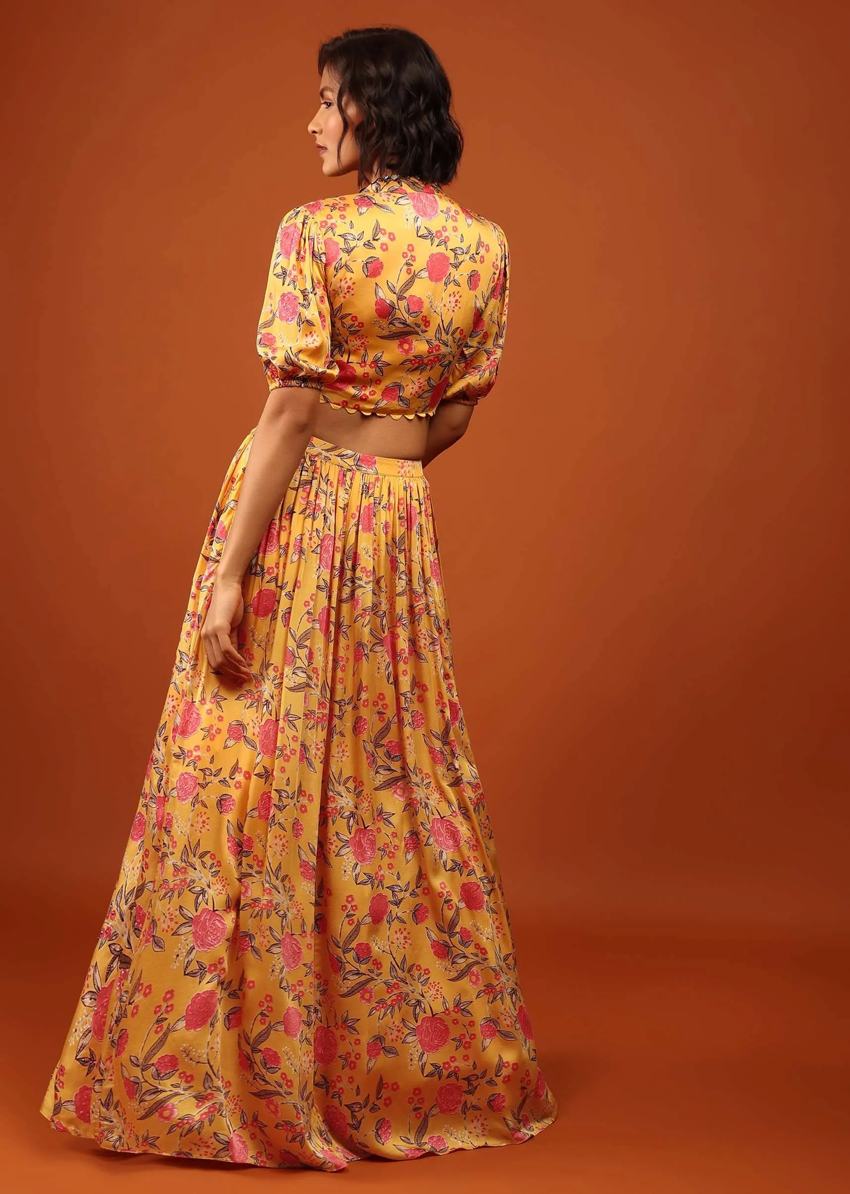 Honey Yellow Blouse And Lehenga In V Neckline & Balloon Sleeves With Embellishment