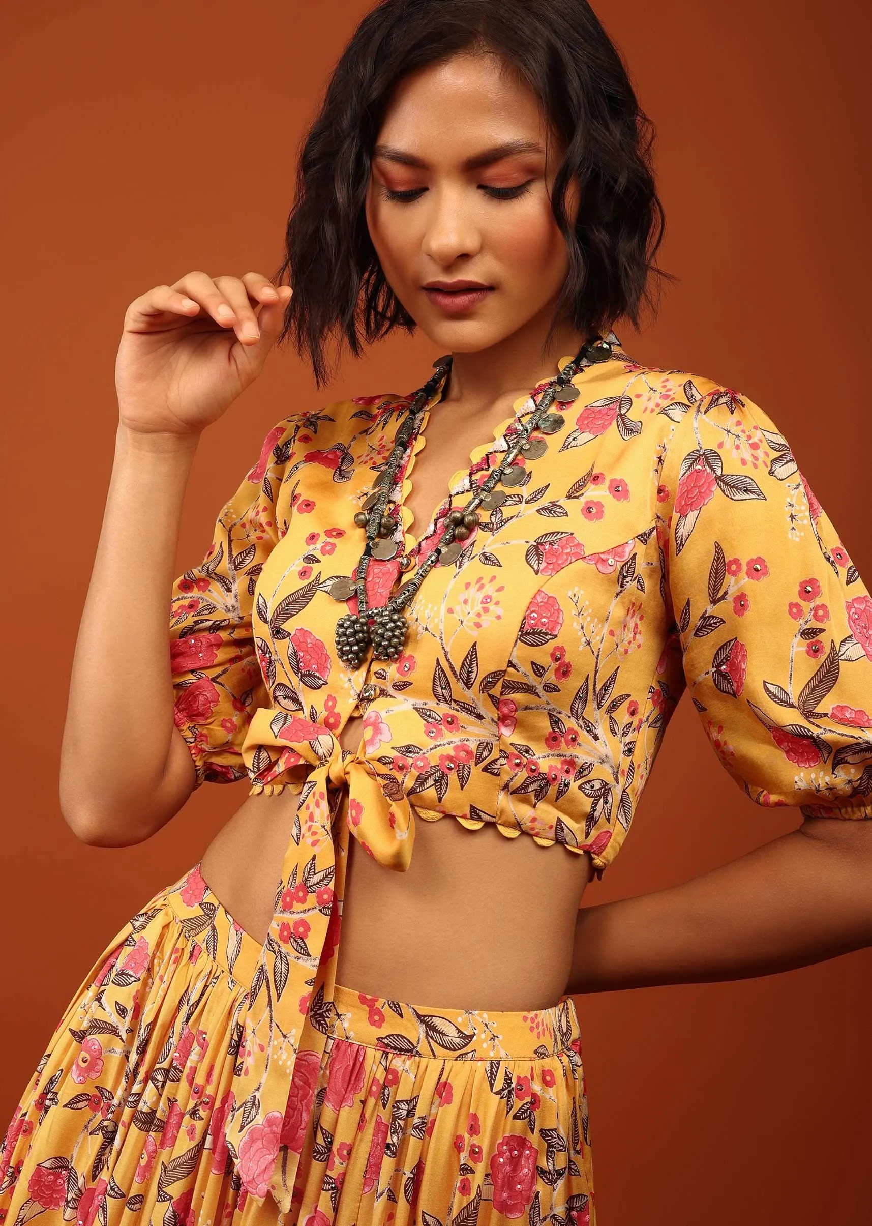 Honey Yellow Blouse And Lehenga In V Neckline & Balloon Sleeves With Embellishment