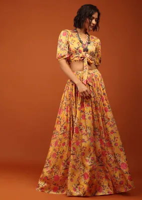 Honey Yellow Blouse And Lehenga In V Neckline & Balloon Sleeves With Embellishment
